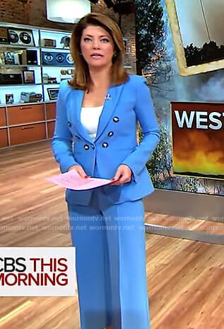 Norah’s blue double breasted blazer and cropped pants on CBS This Morning