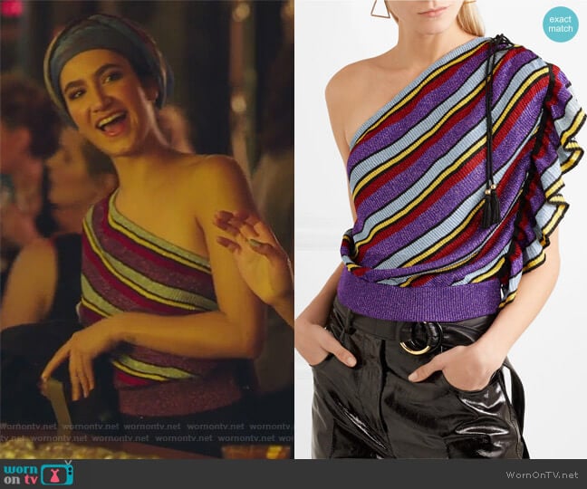 Philosophy Di Lorenzo Serafini One-shoulder striped metallic ribbed-knit top worn by Adena El-Amin (Nikohl Boosheri) on The Bold Type