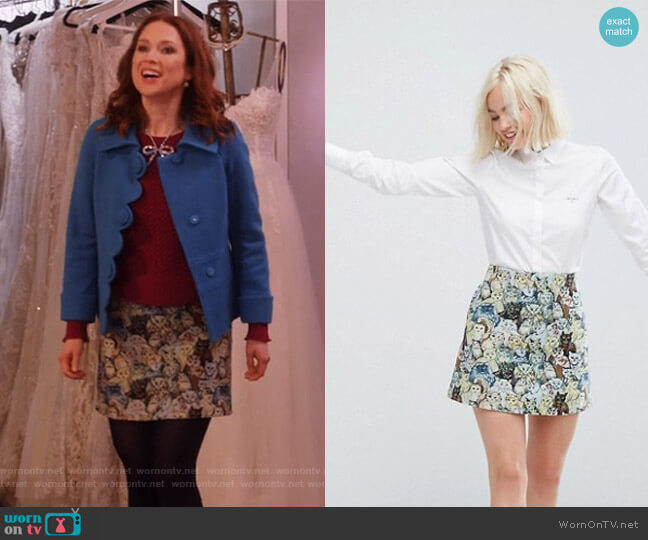 Paul & Joe Sister Cat Print Skirt worn by Kimmy Schmidt (Ellie Kemper) on Unbreakable Kimmy Schmidt