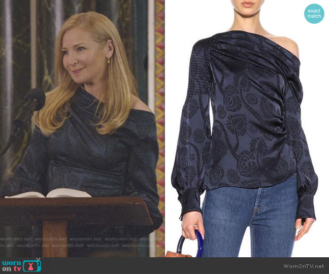 Peter Pilotto Floral-Jacquard Satin Top worn by Pauline (Jennifer Westfeldt) on Younger