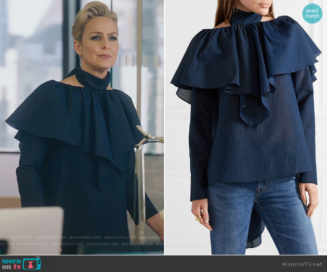 Rossie Assoulin Napkin ruffled seersucker top worn by Jacqueline (Melora Hardin) on The Bold Type
