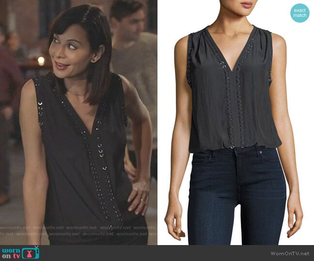 Ramy Brook Julia V-Neck Sleeveless Top with Ring Details worn by Cassandra Nightingale (Catherine Bell) on Good Witch