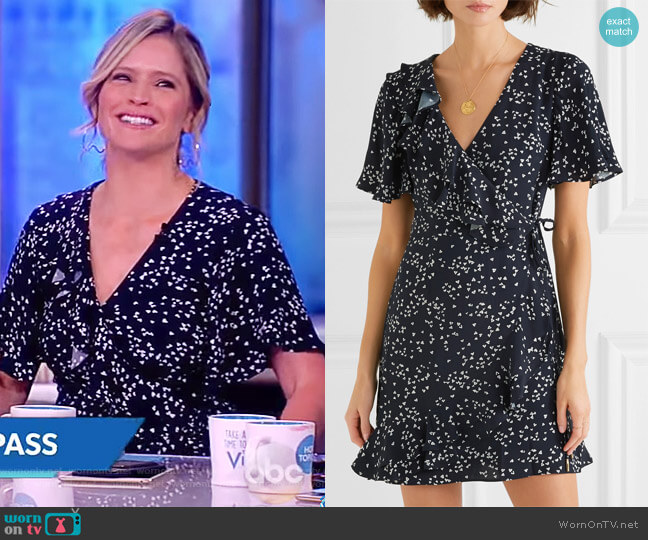 Rebecca Vallance Flores ruffled printed crepe wrap mini dress worn by Sara Haines on The View