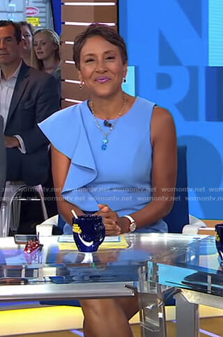 Robin’s blue ruffled sheath dress on Good Morning America