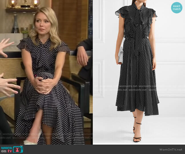 Michael Kors Collection Ruffled Polka-Dot Midi Dress worn by Kelly Ripa on Live with Kelly and Mark