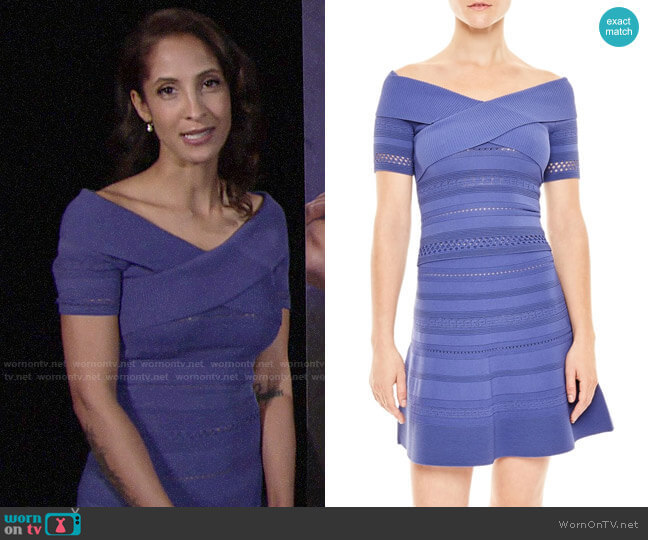 Sandro Bleu Off the Shoulder Crisscross Top worn by Lily Winters (Christel Khalil) on The Young and the Restless