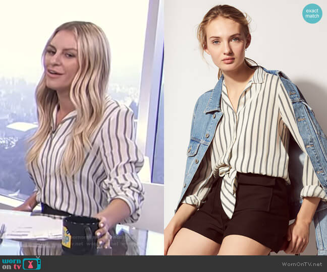 Sandro Playsuit with Striped Tie-Front Shirt worn by Morgan Stewart on E! News