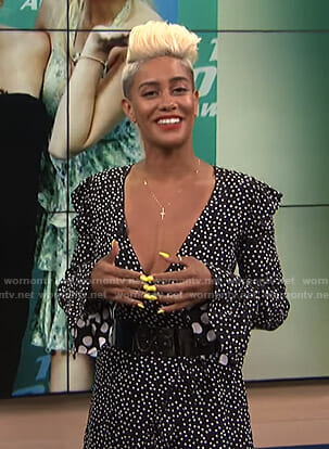 Sibley’s black polka dot wrap dress on E! News Daily Pop