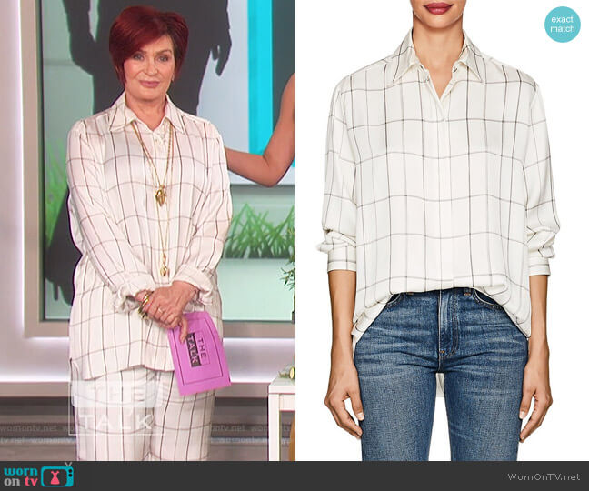 The Row Sisea Windowpane-Checked Silk Satin Blouse worn by Sharon Osbourne on The Talk