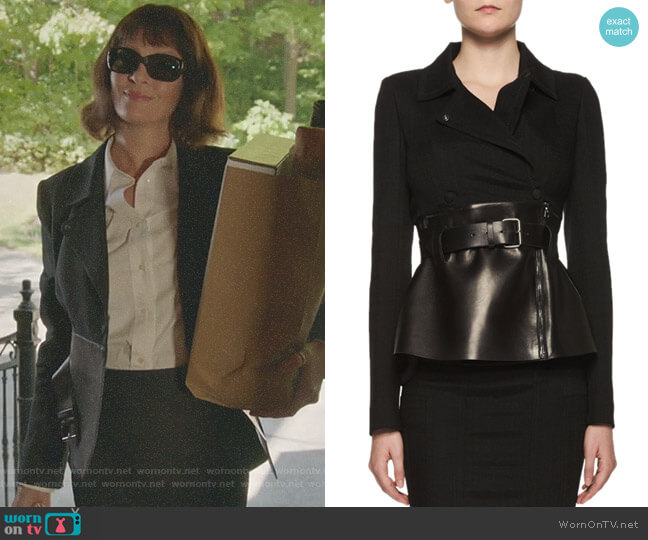 Tom Ford Belted Leather Peplum Wrap Jacket worn by Lenny Cohen (Uma Thurman) on Imposters