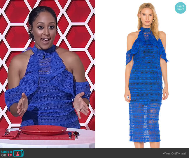 Vone Cold Shoulder Lace Dress worn by Tamera Mowry on The Real