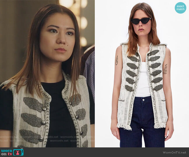 Zara Shiny WaistCoat with Embroidered Beads worn by Mitzi (Katharine King) on The Bold Type