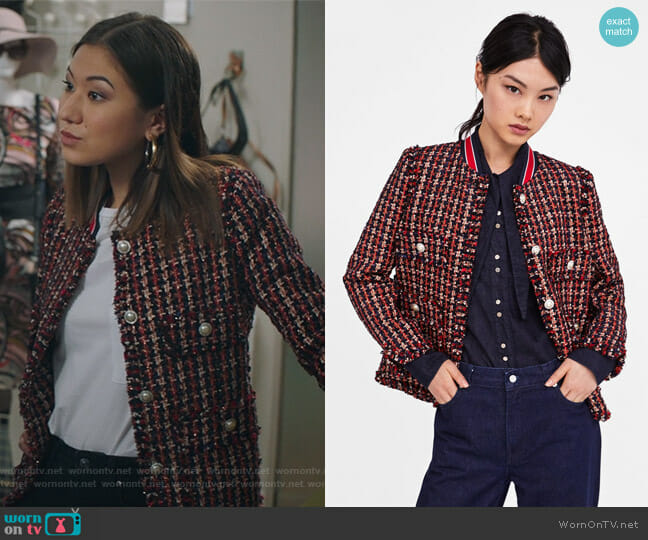 Zara Tweed Jacket with Striped Detail worn by Mitzi (Katharine King) on The Bold Type