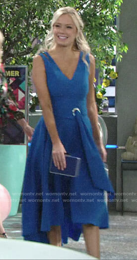 Abby’s blue belted v-neck dress on The Young and the Restless
