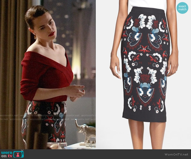 A.L.C. Haley Print Silk Pencil Skirt worn by Lena Luthor (Katie McGrath) on Supergirl