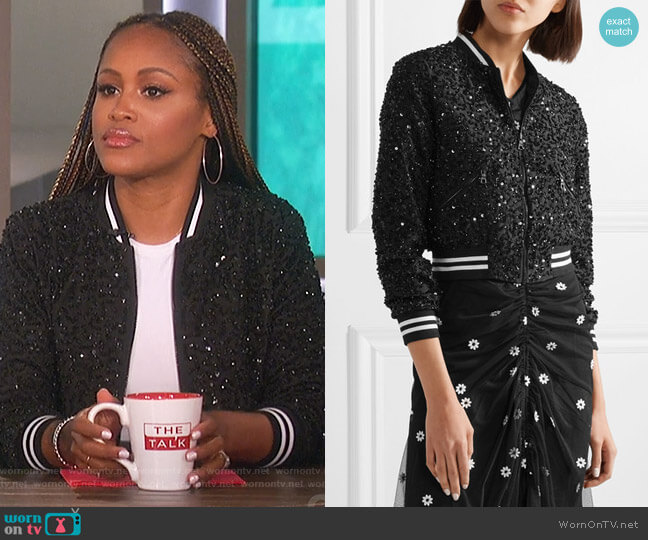 Alice + Olivia Lonnie embellished silk-chiffon bomber jacket worn by Eve on The Talk