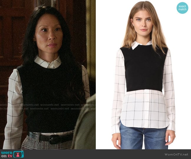 Alice + Olivia Lucinda Sweater Vest Combo Shirt worn by Joan Watson (Lucy Liu) on Elementary