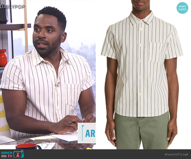 APC Bryan Stripe Woven Shirt worn by Justin Sylvester on E! News