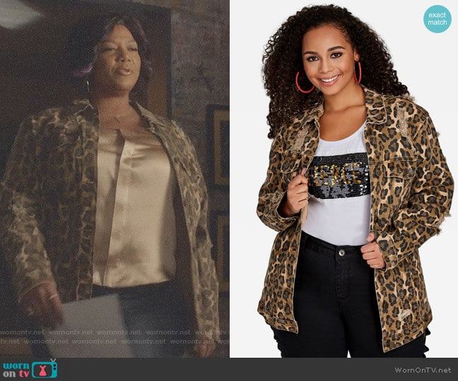 Ashley Stewart Leopard Print Denim Jacket worn by Carlotta Brown (Queen Latifah) on Star
