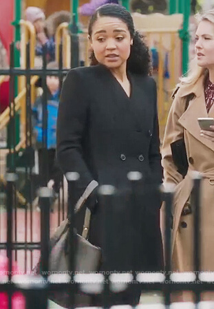 Kat’s black three button wool coat on The Bold Type