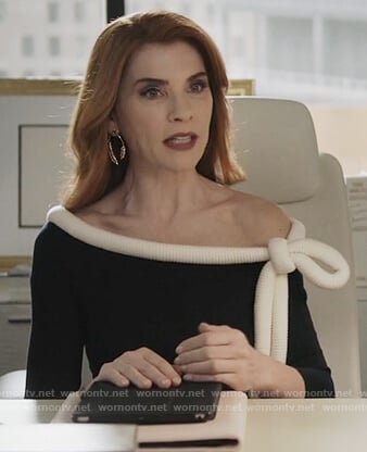 Kitty’s navy contrast tie neckline dress on Dietland