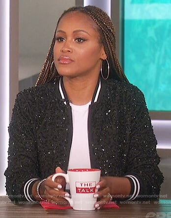 Eve’s black embellished bomber jacket on The Talk