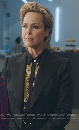 Jacqueline’s black floral blazer and printed blouse on The Bold Type