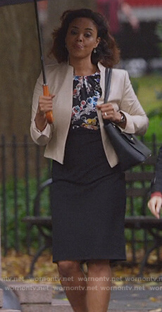 Jasmine’s black floral sheath dress with gathered neckline on Instinct