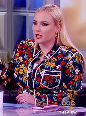 Meghan’s black floral print blouse with contrast trim on The View