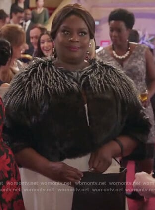 Barbara’s black faux fur jacket on Girlfriends Guide to Divorce