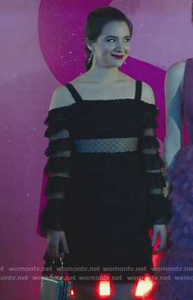Jane’s black ruffle off shoulder lace dress on The Bold Type