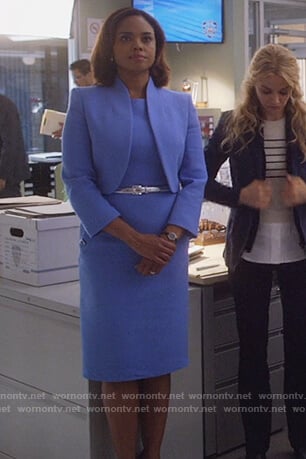 Jasmine’s blue button detail sheath dress and cropped jacket on Instinct