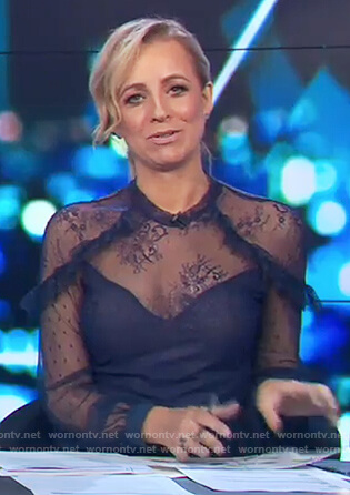 Carrie’s blue lace long sleeve blouse on The Project