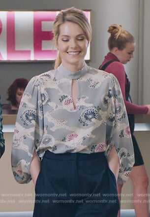 Sutton’s blue print keyhole blouse on The Bold Type
