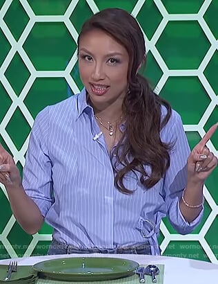 Jeannie’s blue striped blouse with buckle attachment on The Real
