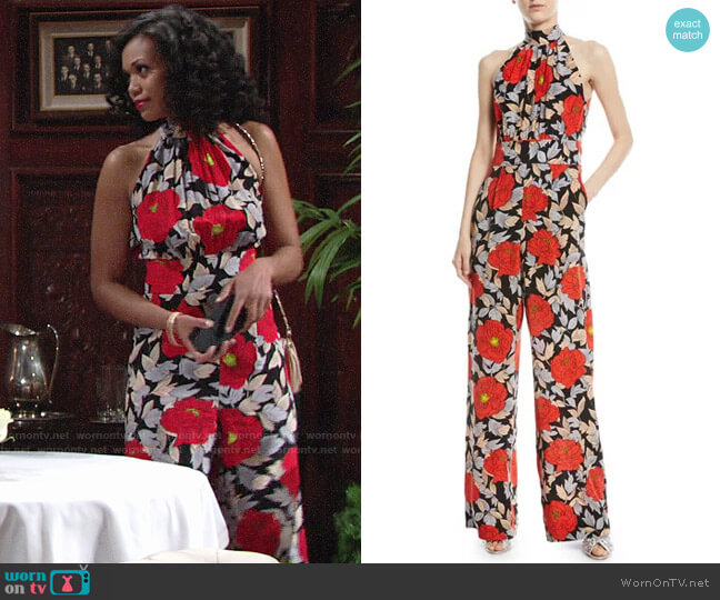 Diane von Furstenberg Boswell Floral High Neck Jumpsuit worn by Hilary Curtis (Mishael Morgan) on The Young and the Restless