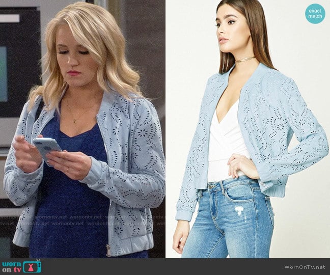 Forever 21 Laser Cutout Faux Suede Bomber Jacket worn by Gabi Diamond (Emily Osment) on Young and Hungry