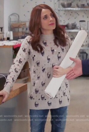 Jo’s gray skull print distressed sweater on Girlfriends Guide to Divorce
