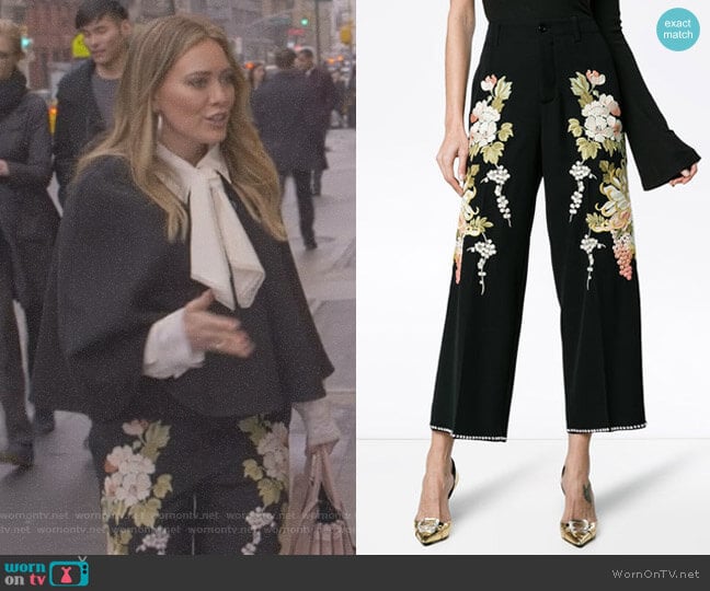 Gucci Floral Embroidered Flared Trousers worn by Kelsey Peters (Hilary Duff) on Younger