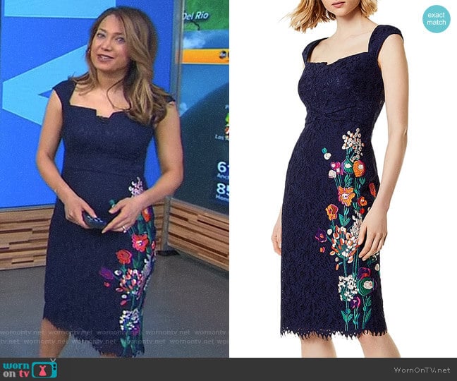 Karen Millen Embroidered Lace Sheath Dress worn by Ginger Zee on Good Morning America