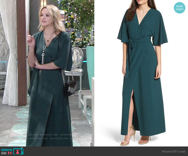 Leith Kimono Maxi Dress in Green Bug worn by Summer Newman (Hunter King) on The Young and the Restless