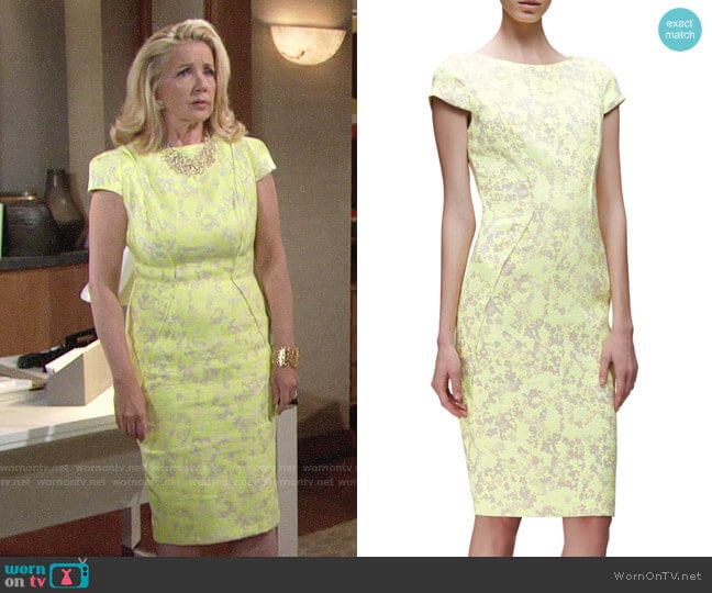 Lela Rose Cap-Sleeve Floral-Print Sheath Dress worn by Nikki Reed Newman (Melody Thomas-Scott) on The Young and the Restless