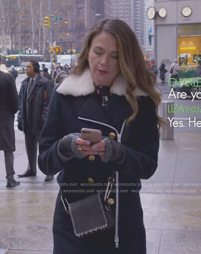 Liza’s navy military coat with shearling collar on Younger