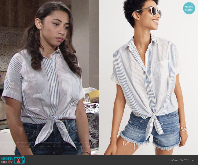 Madewell Short Sleeve Tie Front Shirt in Rawley Stripe worn by Shauna (Camryn Hamm) on The Young and the Restless