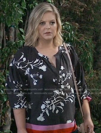 Maxie’s black floral top with pink trim on General Hospital
