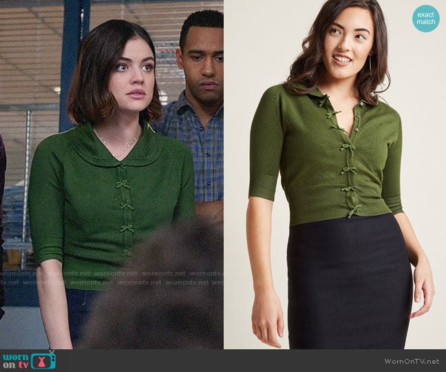 Banned Generous to a Malt Cardigan in Spearmint worn by Stella Abbott (Lucy Hale) on Life Sentence