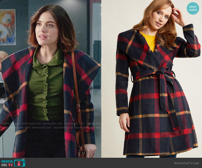 Belted Plaid Coat with Wide Collar from Modcloth worn by Stella Abbott (Lucy Hale) on Life Sentence