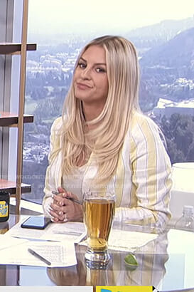 Morgan’s white and yellow striped blazer on E! News Daily Pop