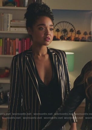Kat’s striped blazer and metallic bodysuit on The Bold Type