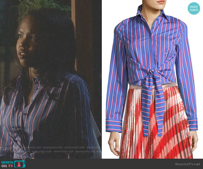 Off White Pinstripe Ruffle-Back Tie-Front Shirt worn by Alexandra Crane (Ryan Destiny) on Star